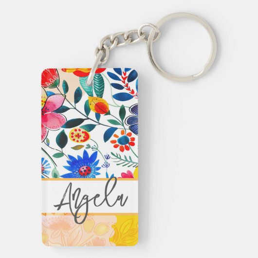 Bloemen Waterverf Boho Kleurrijke Keepsake Sleutelhanger (achterkant)