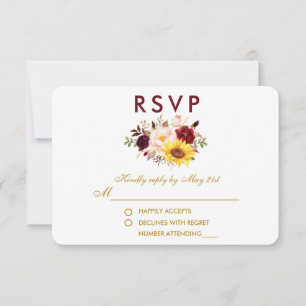 Bloemen Waterverf Bourgogne Bruiloft Goud RSVP Kaartje