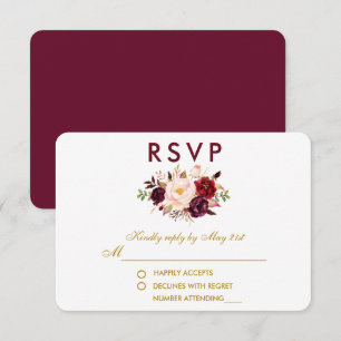 Bloemen Waterverf Bourgogne Goud Bruiloft RSVP Kaartje