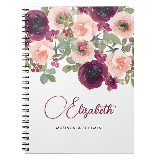 Bloemen Waterverf Bourgondië Blush Pioenen Custom Notitieboek (Voorkant)