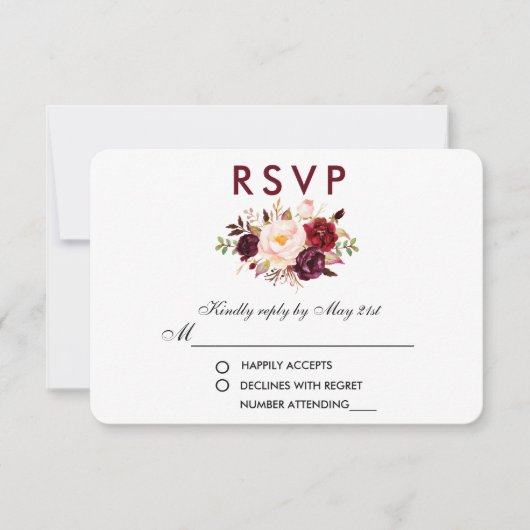 Bloemen Waterverf Bourgondië bruiloft RSVP Kaartje (Voorkant)