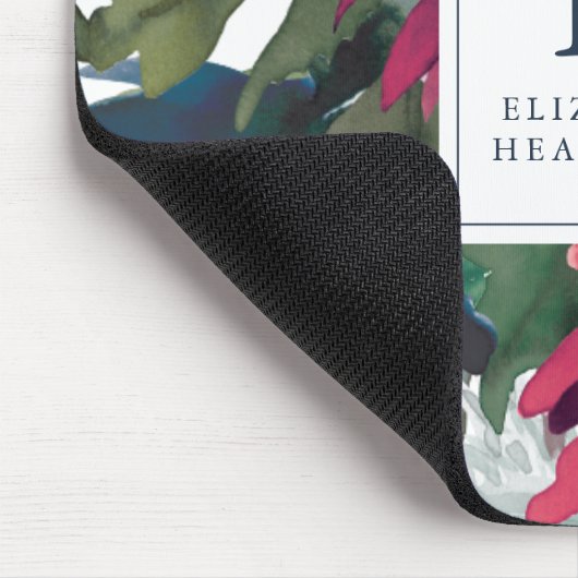 Bloemen Waterverf Bourgondië Navy Blue Monogram Muismat (Hoek)