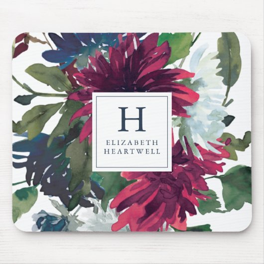 Bloemen Waterverf Bourgondië Navy Blue Monogram Muismat (Voorkant)