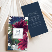 Bloemen Waterverf Bourgondië Navy Blue Monogram Visitekaartje