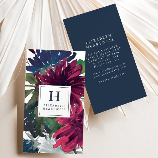 Bloemen Waterverf Bourgondië Navy Blue Monogram Visitekaartje