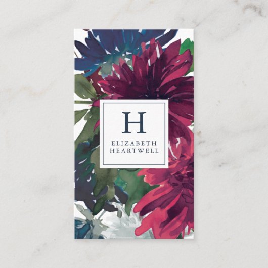 Bloemen Waterverf Bourgondië Navy Blue Monogram Visitekaartje (Voorkant)