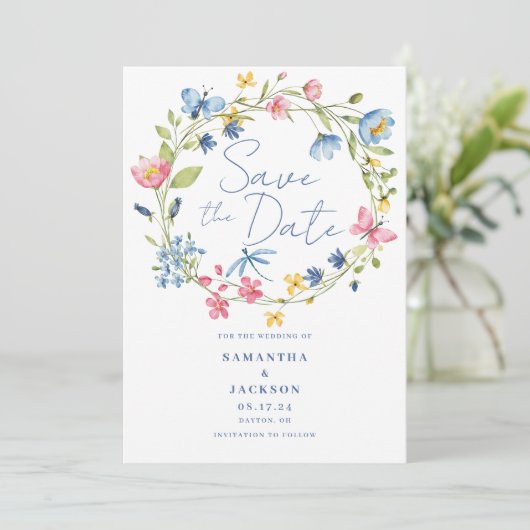 Bloemen Waterverf Bruiloft Flat Save The Date Kaar (Staand voorkant)