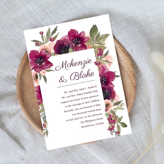 Bloemen Waterverf Bruiloft Uitnodiging Maroon Blus