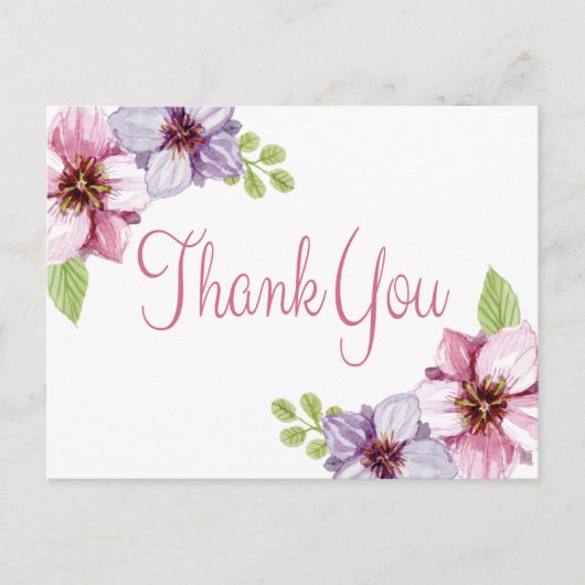 Bloemen Waterverf Dank u Paarse Bloem Briefkaart (Voorkant)