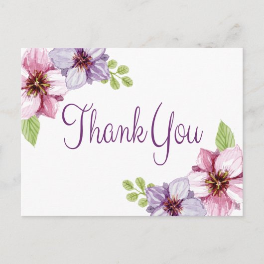 Bloemen Waterverf Dank u Paarse Bloem Briefkaart (Voorkant)