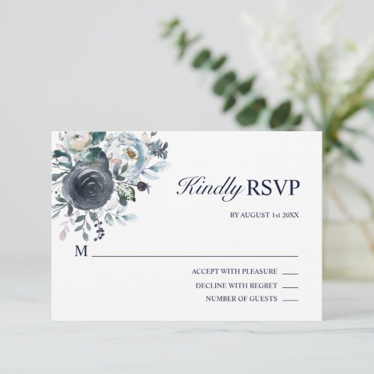 Bloemen Waterverf Dusty Navy Blue RSVP Bruiloft Kaartje (Staand voorkant)