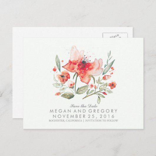 Bloemen waterverf Elegant Save the Date Aankondigingskaart (Voorkant / Achterkant)