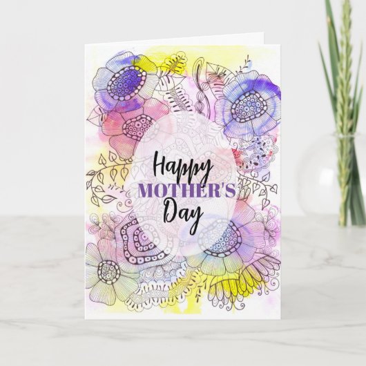 Bloemen Waterverf en Ink Line Art Moederdag Kaart (Voorkant)