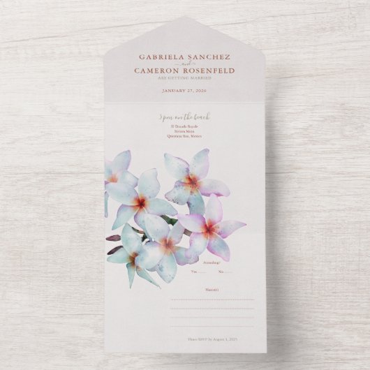 Bloemen Waterverf Frangipani Terracotta Bruiloft All In One Uitnodiging (Binnen)