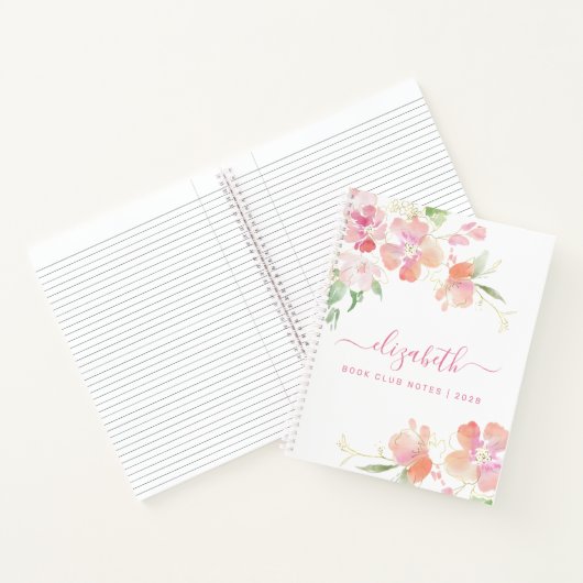 Bloemen Waterverf gepersonaliseerd roze koraal mon Notitieboek (Binnen)