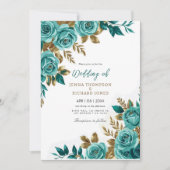  Bloemen Waterverf Goud Blauwgroen Huwelijk Kaart (Voorkant)