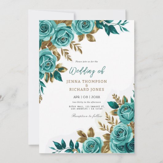  Bloemen Waterverf Goud Blauwgroen Huwelijk Kaart (Voorkant)