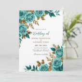  Bloemen Waterverf Goud Blauwgroen Huwelijk Kaart (Staand voorkant)