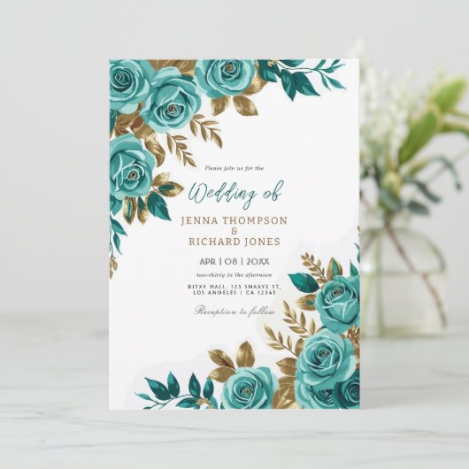 Bloemen Waterverf Goud Blauwgroen Huwelijk Kaart (Staand voorkant)