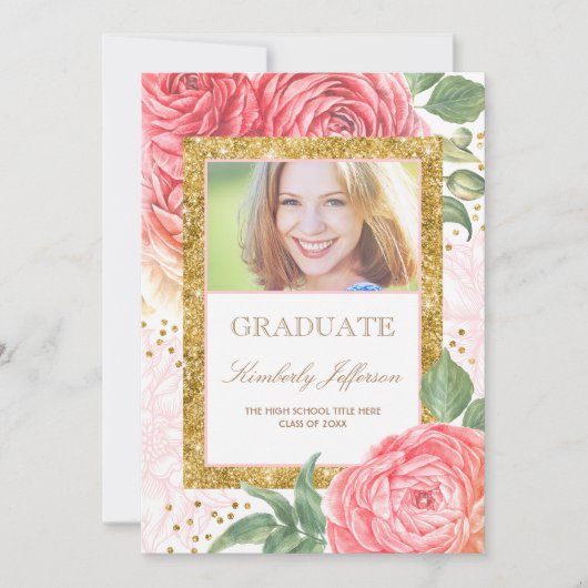 Bloemen Waterverf Goud en Roze Foto Afstuderen Kaart (Voorkant)