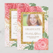 Bloemen Waterverf Goud en Roze Foto Afstuderen Kaart (Voorkant / Achterkant)