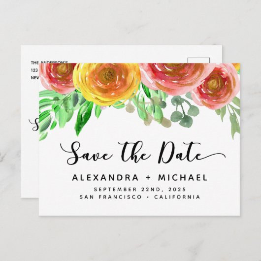 Bloemen Waterverf Hand Lettered Save the Date Aankondigingskaart (Voorkant / Achterkant)