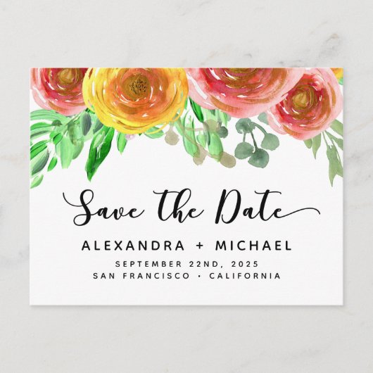 Bloemen Waterverf Hand Lettered Save the Date Aankondigingskaart (Voorkant)