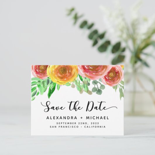 Bloemen Waterverf Hand Lettered Save the Date Aankondigingskaart (Staand voorkant)