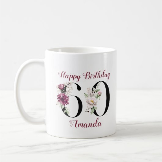 Bloemen Waterverf Happy 60th Birthday Custom Foto Koffiemok (Links)