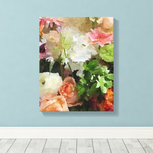 Bloemen Waterverf in Peach & Green Canvas Afdruk (Insitu (Houten vloer))