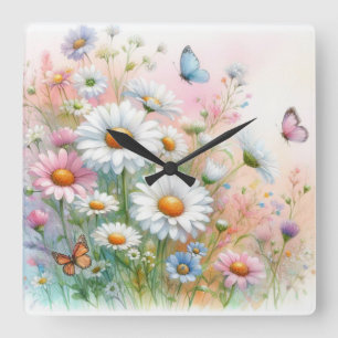 Bloemen waterverf in zachte pastelkleuren vierkante klok