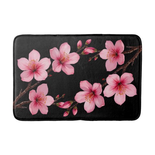 Bloemen Waterverf Kersenbloesems Roze Zwart Badmat (Voorkant)