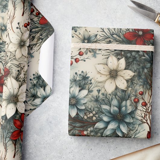 Bloemen Waterverf Kerstmis Poinsettia Cadeaupapier