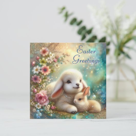 Bloemen Waterverf konijntje en lam Christelijk Pas Feestdagenkaart (Staand voorkant)