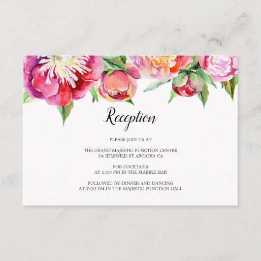 Bloemen Waterverf Koraal Pioen Bruiloft Receptie Informatiekaartje (Voorkant)