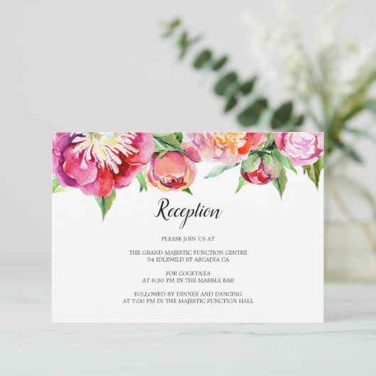 Bloemen Waterverf Koraal Pioen Bruiloft Receptie Informatiekaartje (Staand voorkant)