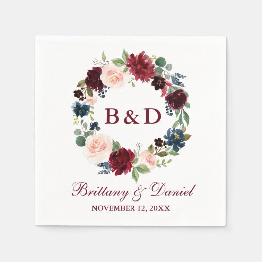 Bloemen Waterverf krans Bourgondië blauw bruiloft Servet (Voorkant)