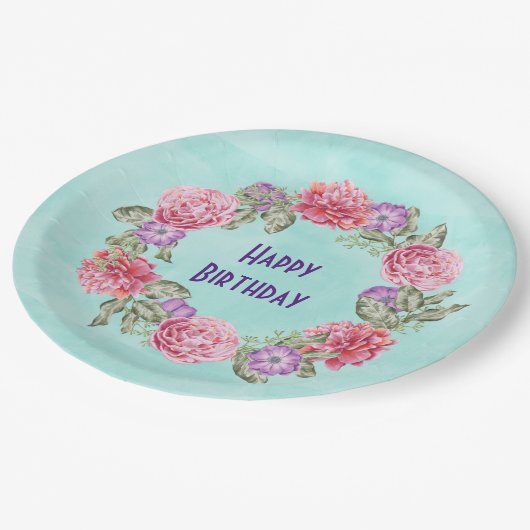 Bloemen Waterverf Krans  Happy Birthday Papieren Bordje (Gekanteld)