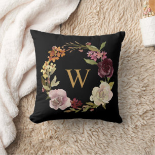 Bloemen Waterverf Krans Monogram Zwart Kussen