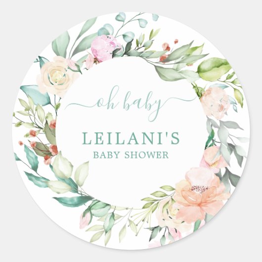 Bloemen Waterverf krans Oh Baby Baby shower Ronde Sticker (Voorkant)