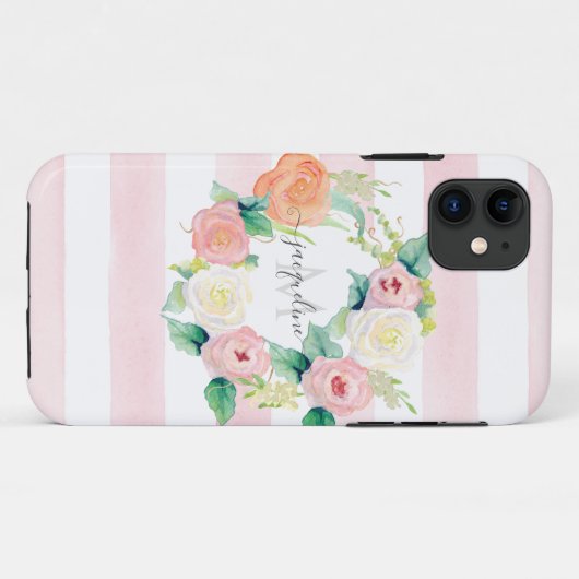 Bloemen Waterverf Krans Roze Wit Streep w Naam Case-Mate iPhone Case (Achterkant (horizontaal))