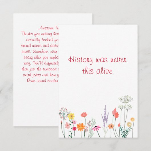 Bloemen waterverf leraar geschiedenis waardering bedankkaart (Voorkant / Achterkant)