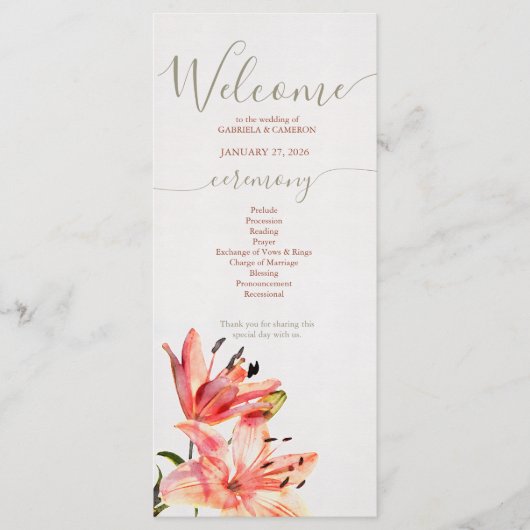 Bloemen Waterverf Lillies Terracotta Programmakaart (Voorkant)