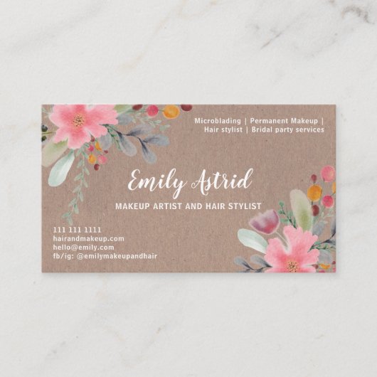 Bloemen waterverf make-up haar kraft typografie visitekaartje (Voorkant)