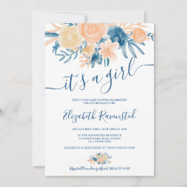 Bloemen waterverf marine blauw perzik baby shower kaart