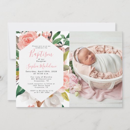 Bloemen Waterverf Meisje Dopen Foto Uitnodiging (Voorkant)