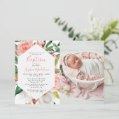 Bloemen Waterverf Meisje Dopen Foto Uitnodiging (Staand voorkant)