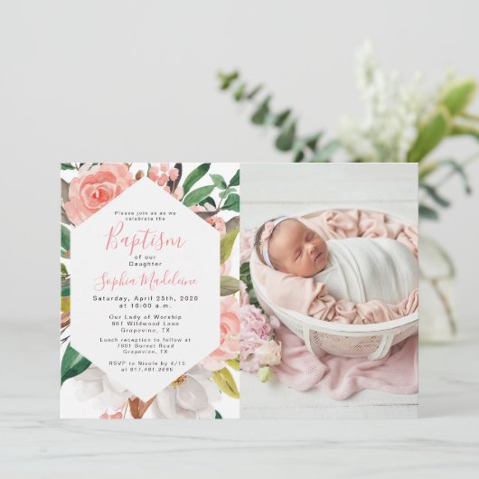 Bloemen Waterverf Meisje Dopen Foto Uitnodiging (Staand voorkant)