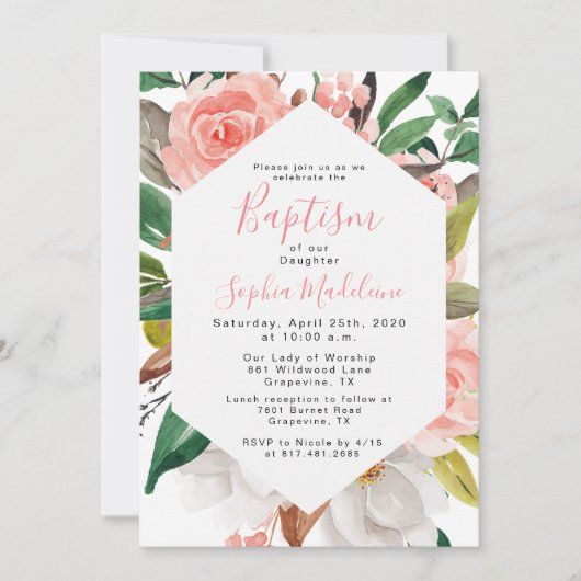 Bloemen Waterverf Meisje Dopen Uitnodiging (Voorkant)