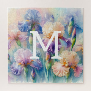 Bloemen waterverf monogram paarse irisbloemen legpuzzel